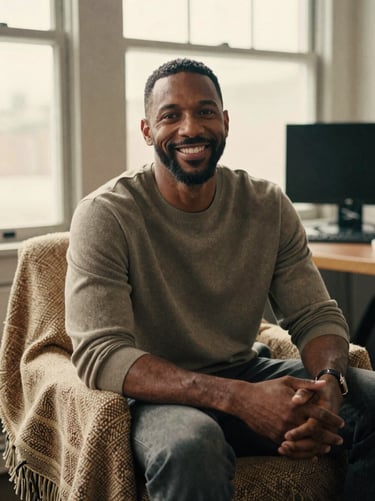 Environmental portrait of Marcus Vance, a welcoming man in his 30s with a kind smile, sitting in a comfortable office with a woven blanket on a chair, soft warm daylight.