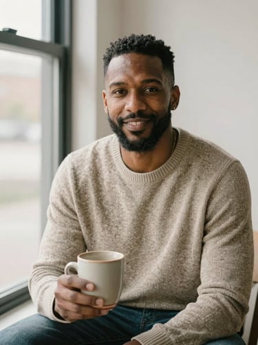 Environmental portrait of Marcus Vance, LPC, sitting by a window with soft daylight, holding a ceramic mug, wearing a warm knit sweater, professional and approachable, shallow depth of field.