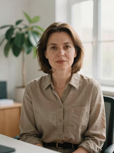 Environmental portrait of Elena Rostova, a compassionate woman in her 40s, sitting in a bright office with a green plant, soft natural window light.