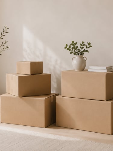 Organized moving boxes in a modern home