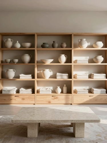 A wide, airy Scandinavian living space with soft morning light, light oak shelving holding handmade ceramic vessels and neatly folded linen, minimalist travertine coffee table, generous negative space.