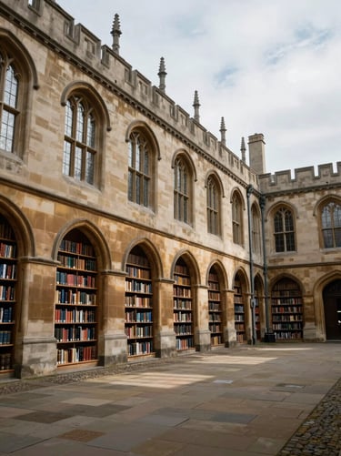 Architectural wide angle of a historic European university campus library, soft natural overcast light streaming through arched windows