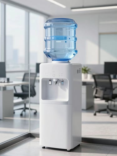 Sleek water dispenser standing in a bright corporate office breakroom, natural daylight, crisp details.