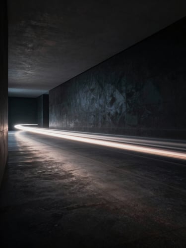 Long exposure photography of a soft light trail moving through a dark, obsidian-walled gallery space, sophisticated and abstract.