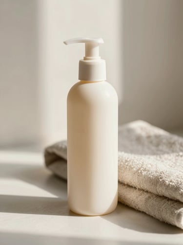 Close-up of clean hair care bottle next to a linen towel, soft shadows, portrait aspect