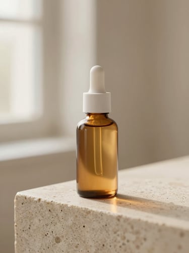 Macro close-up of a minimalist amber bottle on travertine, warm light, portrait aspect