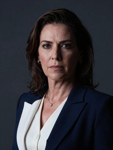 Professional close-up portrait of Lic. Janete Pérez Garcia, a female corporate attorney in elegant executive attire, serious expression, low-key lighting, dark slate background, 35mm.