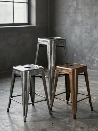 Three minimalist metal stools of varying heights, crafted from stainless steel and warm bronze. They are arranged artistically in a studio with steel grey accents and industrial windows.