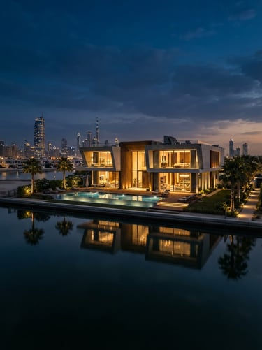 Cinematic dusk view of a modern waterfront estate in Dubai, sleek geometric concrete lines, glowing warm interior lights, tranquil water in the foreground