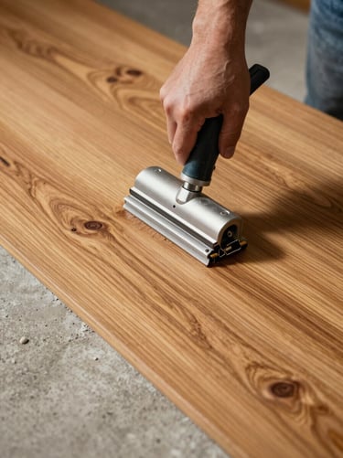 Overhead close-up of a professional applicator tool gliding across a freshly treated hardwood floor, grain visible under north-facing natural light, warm amber wood tones against a concrete-gray subfloor border, process in motion