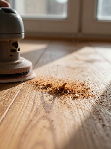 Macro shot of wood floor grain mid-sanding, fine dust particles suspended in north-facing window light, raw amber and brown wood fibers exposed, sanding machine edge visible at frame left, documentary process framing