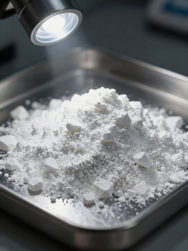 Studio-lit close-up of lithium carbonate powder collected from a reprocessing output, matte white mineral crystals on a steel sample tray, dark background, single directional strobe light revealing grain texture and purity