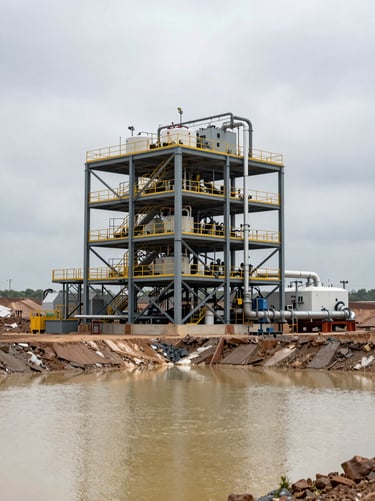 Wide environmental shot of a skid-mounted modular processing unit installed beside a mining tailings pond, overcast daylight showing the full scale of the steel frame and connected piping, mineral residue visible in the foreground pond surface