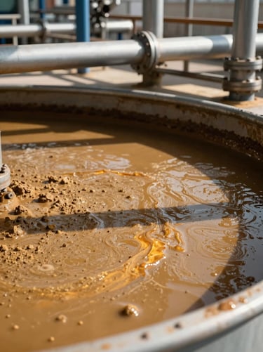 Tight close-up of a residue settling tank at an industrial processing site, amber process light catching the mineral-laden slurry surface, steel pipework in the background, daylight from above casting sharp structural shadows