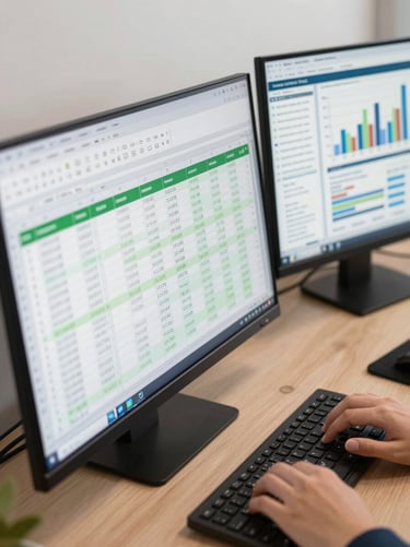 Close-up overhead of a multi-monitor desk setup in a modern finance office, a live Excel workbook with financial model formulas and green accent cells visible on one screen, a KPI dashboard with bar charts on the other, bright studio-neutral lighting, sharp data focus