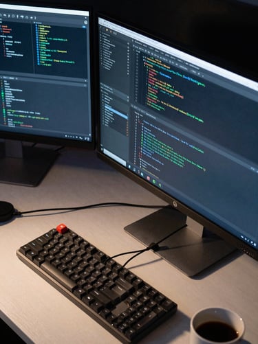 Close-up overhead view of multiple monitors displaying code editors and terminal windows, cool desk lighting casting sharp shadows on a mechanical keyboard, cables and a coffee mug at frame edge