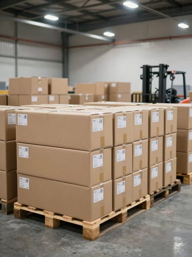 Wide shot of a logistics staging area inside a warehouse, rows of sealed cardboard boxes with shipping labels stacked neatly on wooden pallets under bright overhead industrial lighting, a forklift visible in the far background, clean concrete floor, documentary framing