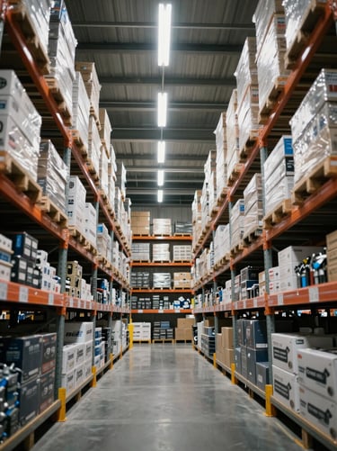 Wide warehouse aisle shot from a low angle, deep perspective showing organized metal shelving units densely stocked with boxed OEM auto parts, bright overhead industrial fluorescent lighting, documentary framing, no people