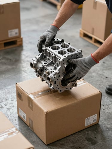 Close overhead documentation-style shot of two hands in work gloves holding an OEM engine component above a cardboard shipping box on a concrete warehouse floor, bright overhead warehouse lighting, adjacent boxes labelled and staged for dispatch visible in background