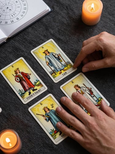 Overhead close-up of hands laying tarot cards on a dark linen surface, candlelight casting warm amber pools across the cards, a numerology chart visible in a notebook at the edge of frame