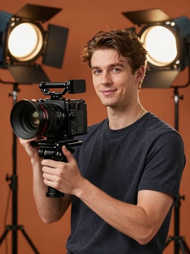 Portrait of a male director of photography, holding a high-end cinema camera, soft studio lighting, professional and honest look