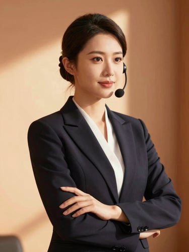 Portrait of a female communication director, elegant corporate posture, warm natural lighting, minimalist background