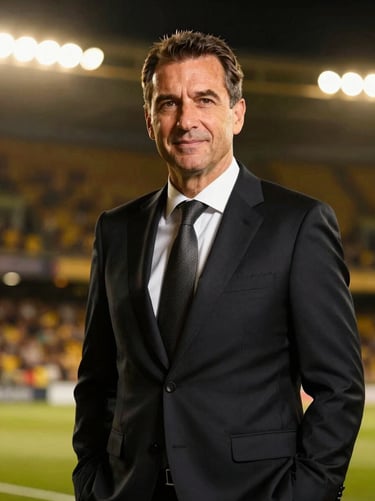 Dignified portrait of an international sports administrator in a dark suit, warm gold lighting, professional studio setting