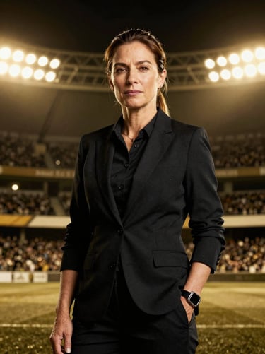 Dignified portrait of a female sports executive, professional athletic director, sharp focus, gold-toned studio lighting