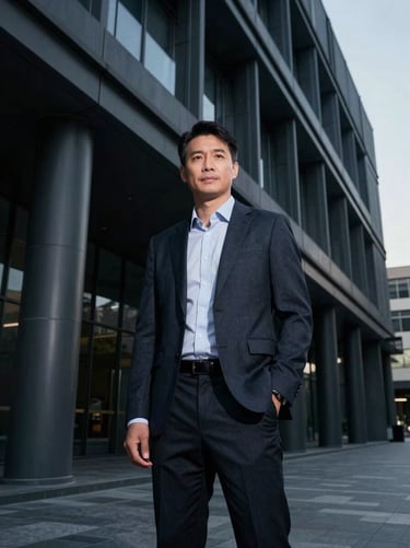 Sober portrait of a corporate governance director, dramatic low-sun lighting, dark obsidian background, sharp focus, professional monograph style.