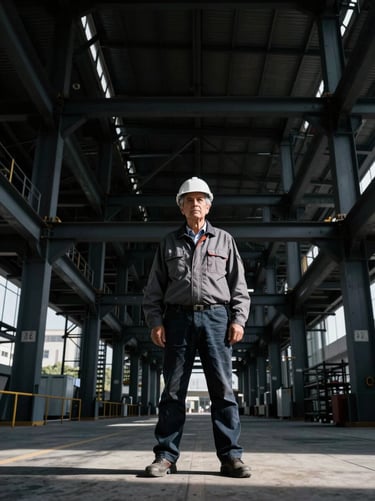 High-contrast architectural portrait of a senior male engineer, sharp dramatic lighting, industrial background with structural steel framing, cinematic composition.