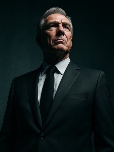 Dramatic low-angle studio portrait of a senior male executive in a dark charcoal suit, high-contrast side lighting, deep slate background, corporate editorial style.