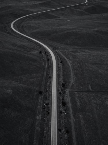 An aerial view of a winding road through a minimalist landscape, monochromatic dark gray tones, crisp lines and elegant composition, North American / US setting.