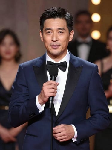 Frank Artus giving an acceptance speech at an international gala. The background is blurred with bokeh lights, creating an atmosphere of success and gravitas. Color palette includes #1A1C20 and #F8F8F8.