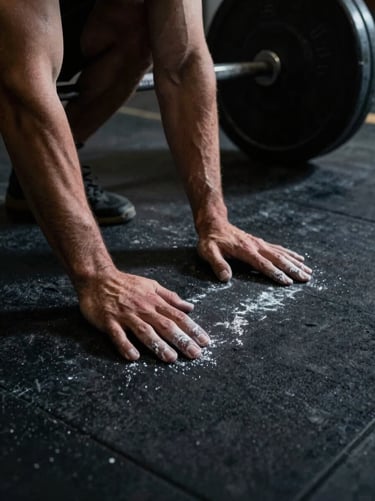 Close-up of chalked hands preparing for a heavy deadlift in a dark, empty athletic facility, dramatic shadows, raw grit.