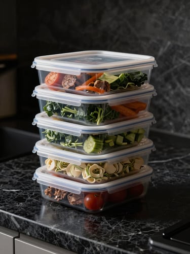 Structured meal prep containers stacked neatly on a dark marble kitchen counter, sharp focus on clean whole foods, low-key lighting.