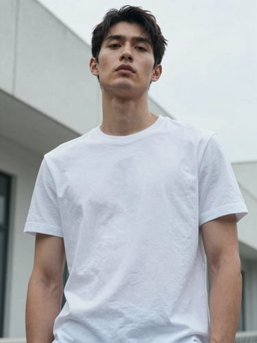 Low-angle shot of a model in a structured white round neck t-shirt, clean architectural background, cool overcast daylight.