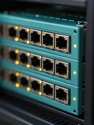 Macro photography of physical server infrastructure with sharp cyan edge-lighting, focusing on ethernet ports and glowing status LEDs.