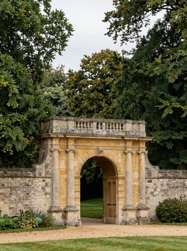 Medium shot of a historic stone estate gatehouse in Berkshire, soft natural overcast daylight, deep forest green foliage framing the scene.