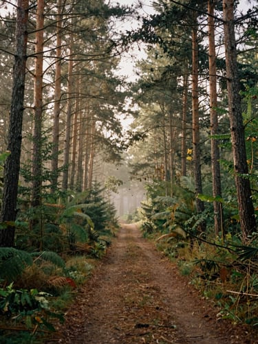 An atmospheric woodland path through towering pine trees in Snelsmore Common, soft misty morning light filtering through branches, earth tones.