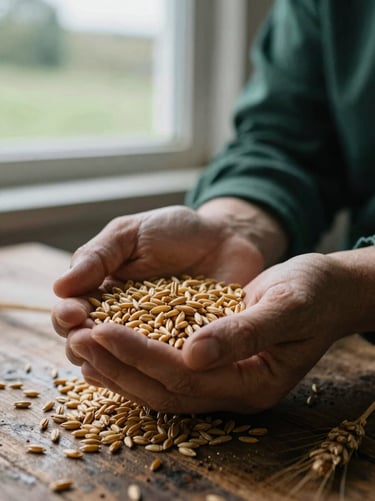 Close-up of weathered hands holding golden barley grains over a rustic wooden table, soft natural window light, tactile details.