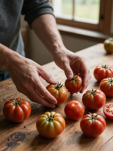 Close-up overhead of hands sorting small heirloom tomatoes on a rough wooden table, north-facing daylight from a barn window, soil still visible on the fingertips, warm red and gold tones of the fruit