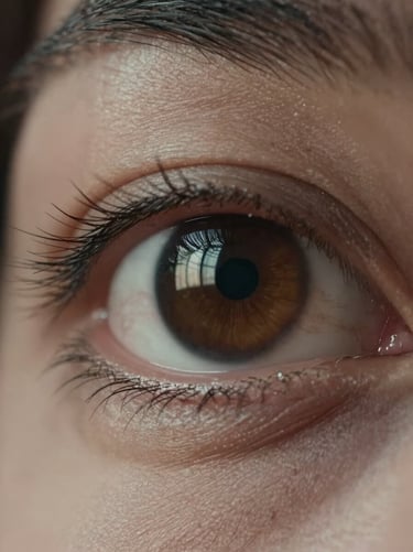 A macro photograph of an eye reflecting a soft window light. The style is raw and intimate, avoiding a commercial look. Earthy taupe and dark charcoal tones dominate.