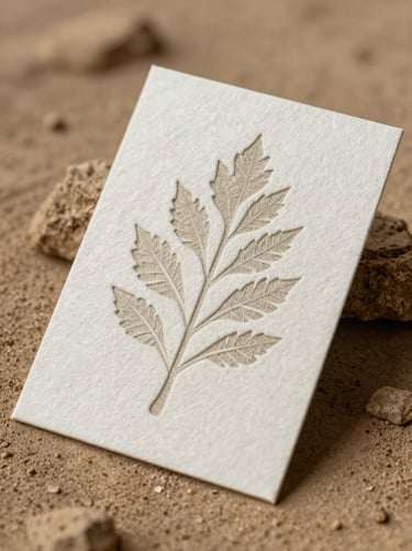 Heavyweight cotton paper business cards with deep letterpress impression of an organic leaf motif, resting on dry river clay.