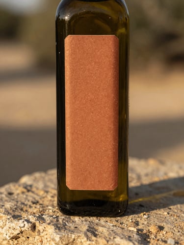 Close-up of artisan olive oil bottle with textured terracotta paper label, resting on raw sandstone in warm afternoon light.