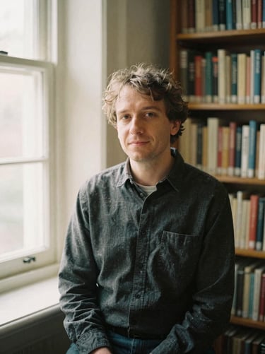 A thoughtful portrait of an essayist in a quiet library, soft natural light from a side window, warm earth tones, editorial film photography style, 35mm.