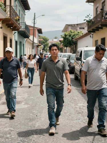 A vibrant wide shot of a bustling Latin American / Hispanic street scene during a film shoot, featuring rich textures and sophisticated muted slate grey shadows.