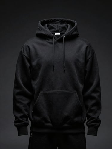 High-contrast product shot of a black heavyweight hoodie on a dark grey background, dramatic key light revealing texture, anamorphic lens look.
