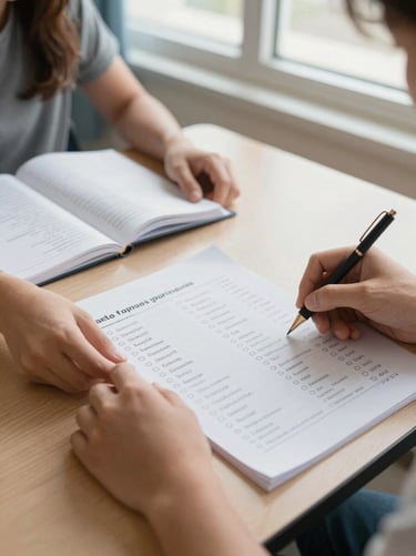 Close-up of a teacher's hands arranging printed Spanish vocabulary worksheets on a classroom desk, a student notebook open beside them, soft natural classroom light from a nearby window, no faces visible