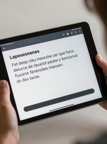 Close-up of a tablet screen showing a structured language assessment interface with a French speaking prompt and a progress indicator bar, held in a student's hands, neutral studio lighting, no faces
