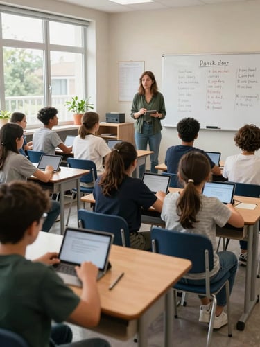 Wide environmental shot of a K–12 classroom, students seated in small groups at desks with tablets open, a teacher standing at the front facilitating a spoken French activity, natural daylight from large windows on the left, whiteboard visible in background showing vocabulary prompts
